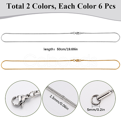 12Pcs 2 Colors 304 Stainless Steel Round Snake Chain Necklaces Set NJEW-SC0001-12-1