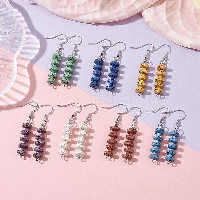 7 Pairs 7 Colors Natural Dyed Lava Rock Disc Beaded Dangle Earrings EJEW-JE05618-1