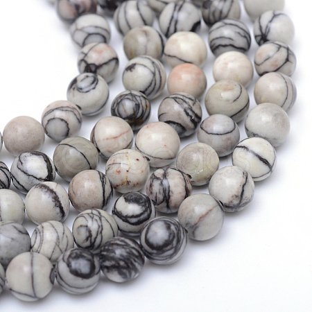 Round Natural Black Silk Stone/Netstone Bead Strands X-G-R345-6mm-20-1