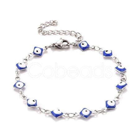 Enamel Rhombus with Evil Eye Link Chains Bracelet BJEW-P271-03P-03-1