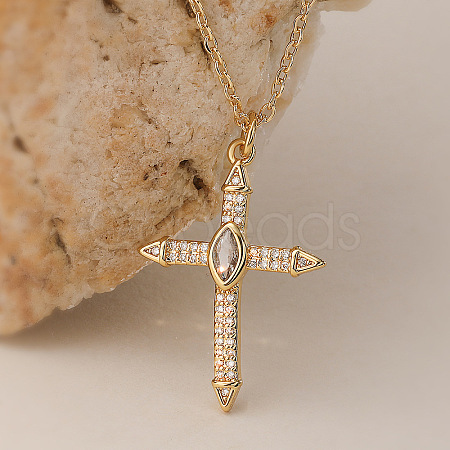 Brass Micro Pave Clear Zirconia Religion Cross Pendant Necklaces for Women WG029CE-03-1