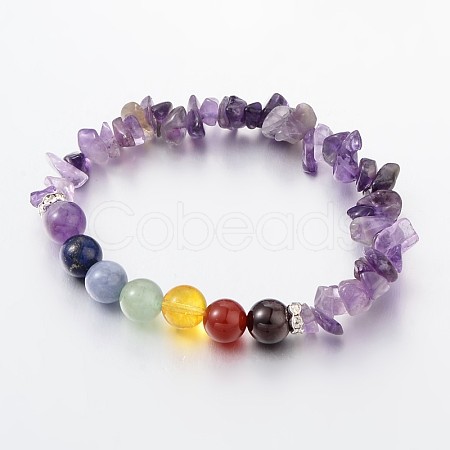 Chips and Round Chakra Natural Gemstone Beaded Stretch Bracelets BJEW-JB01990-03-1