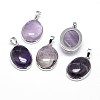 Oval Platinum Plated Brass Natural Amethyst Pendants X-G-F228-15C-RS-1