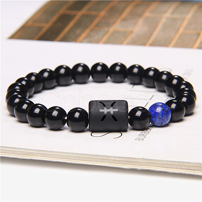 12 Constellations Protetion Lapis Lazuli & Black Obsidian  Round Beads Stretch Bracelets for Men Women WG083ED-10-1