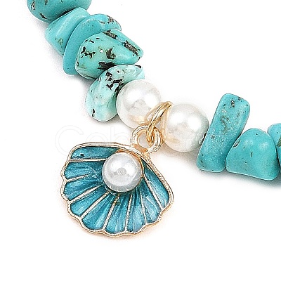 Zinc Alloy Enamel Shell Shape Charm Round Shell Pearl & Dyed Synthetic Turquoise Starfish & Magnesite Chip Beaded Anklets AJEW-AN00735-02-1