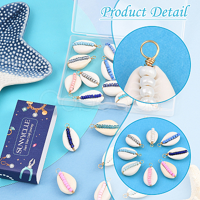 24Pcs 4 Colors Natural Cowrie Shell & Glass Seed Beads Copper Wire Wrapped Pendants FIND-SC0019-11-1