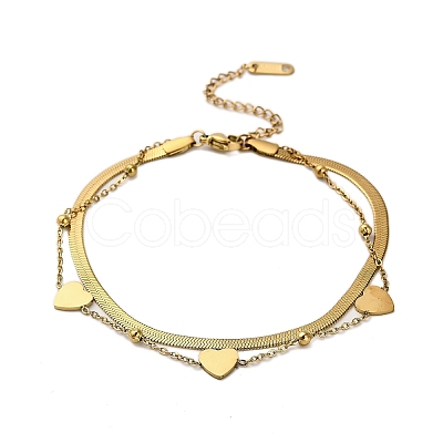 304 Stainless Steel Double Layer Heart Link Chain Anklets for Women AJEW-Q012-01G-1