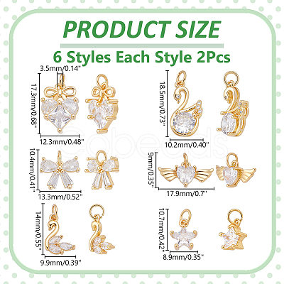 12Pcs 6 Styles Brass Micro Pave Cubic Zirconia Pendants ZIRC-WR0001-08-1