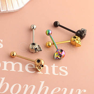 Skull 304 Stainless Steel Straight Barbell 15 Gauge Piercing Tongue Rings for Women Men FS-WG07D05-04-1