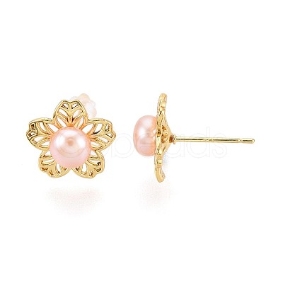 Flower Brass Natural Pearl Stud Earrings PEAR-N017-07F-1