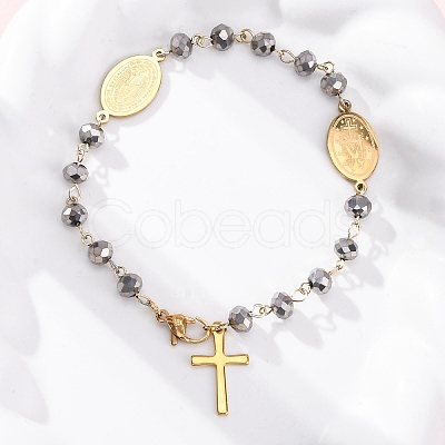 201 Stainless Steel & Electroplated Glass  Miraculous Medal Virgin Cross Charm Bracelets LS-BJEW-B078-163G-1