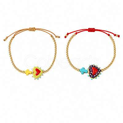 2Pcs 2 Colors Dyed Synthetic Turquoise Cross and Glass Heart Braided Bead Bracelets for Women PE0777-12-1