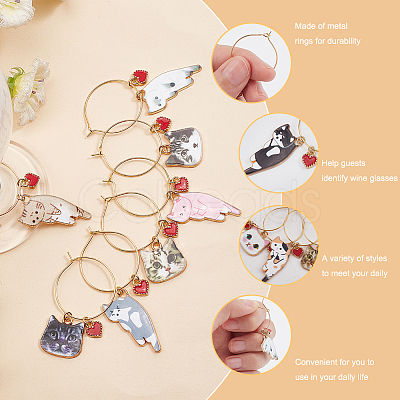 BENECREAT 12 Pcs 12 Style Cat Theme Alloy Enamel Wine Glass Charms AJEW-BC0003-89-1