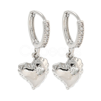 Heart Brass Micro Pave Clear Cubic Zirconia Huggie Hoop Dangle Earrings for Women AJEW-U003-03P-1