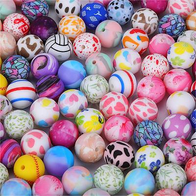 Printed Round with Leopard Print Pattern Silicone Focal Beads SI-JX0056A-08-1