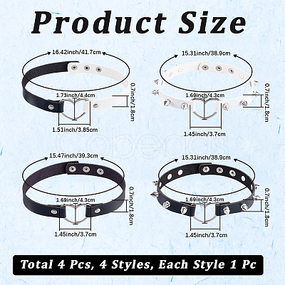 4Pcs 4 Styles Adjustable Gothic PU Leather Alloy Heart Spike Rivet Choker Necklaces for Women NJEW-CL0001-18-1