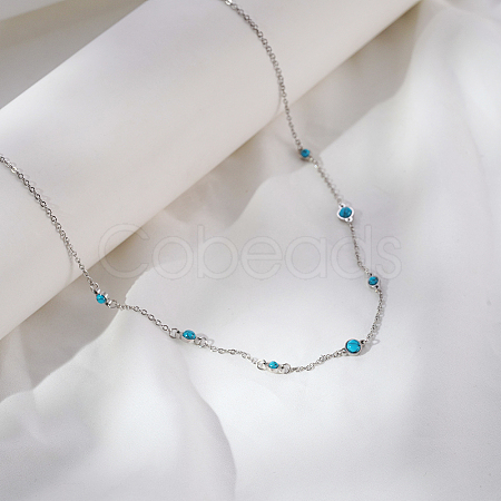 Vintage Synthetic Blue Turquoise 304 Stainless Steel Flat Round Link Chain Necklaces for Women QJ5506-1-1