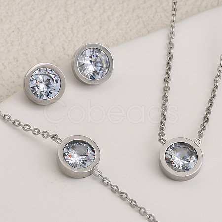 Flat Round 304 Stainless Steel Pave Clear Cubic Zirconia Link Bracelets & Stud Earrings & Pendant Necklaces FS-WG45711-02-1