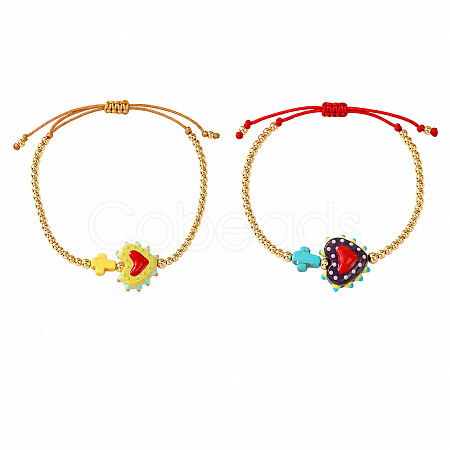 2Pcs 2 Colors Dyed Synthetic Turquoise Cross and Glass Heart Braided Bead Bracelets for Women PE0777-12-1
