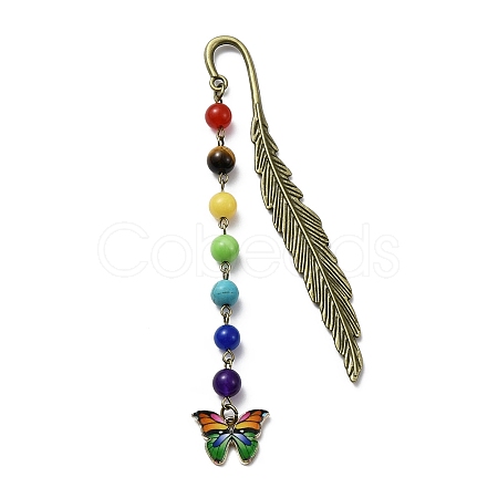 Butterfly Alloy Enamel Pendant Bookmark with Chakra Gemstone Bead AJEW-JK00253-05-1