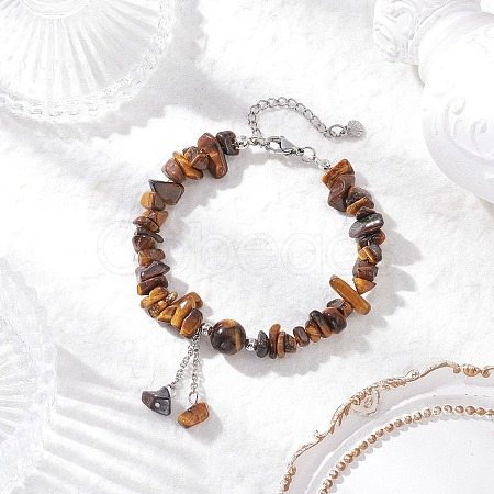 Natural Tiger Eye Chip Beaded Charm Bracelets for Women BJEW-JB12296-01-1