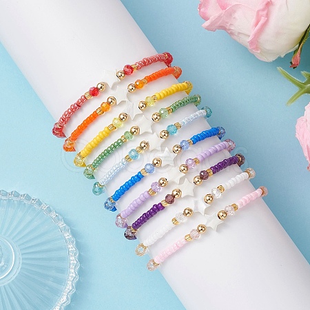 10Pcs Glass Seed Beads & Glass & Natural Trochid Shell Beaded Stretch Bracelets for Women BJEW-MZ00285-1