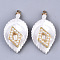 ABS Plastic Pendants, with ABS Plastic Imitation Pearl, Light Gold Plated Alloy Finding and Brass Loop, Leaf with Rhombus, White, 34.5x18.5x6mm, Hole: 1.6mm