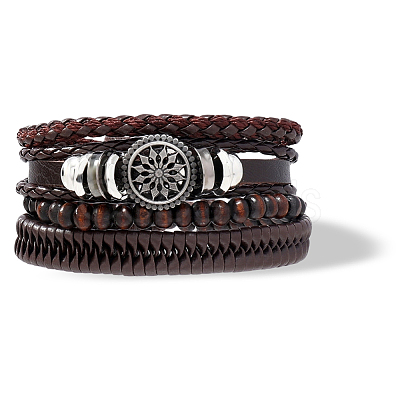 1Pc Cowhide & Imitation Leather Cord Knitted Multi-strand Bracelets AJEW-GF0011-50B-1