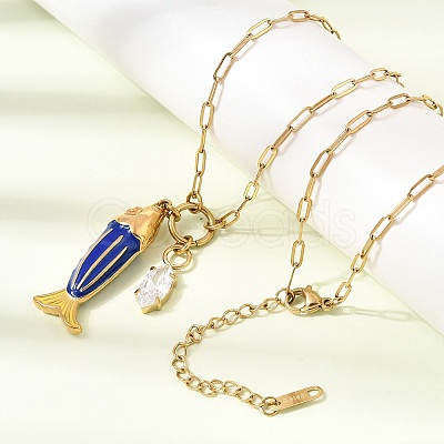 Ocean 304 Stainless Steel Enamel Fish Pendant Paperclip Chain Necklaces with Clear Cubic Zirconia SA-CBAD22F-07G-A-1