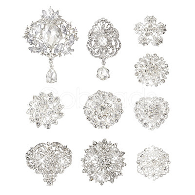 10Pcs 10 Styles Flower & Heart & Teardrop Crystal Rhinestone Brooches Set JEWB-BY0001-04-1