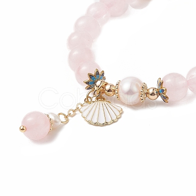 Natural Rose Quartz & Pearl Stretch Bracelet BJEW-JB09224-01-1
