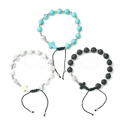 3Pcs 3 Style Gemstone Round & Cross Braided Bead Bracelets BJEW-TA00321-1