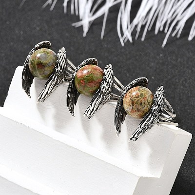 Natural Unakite Wings Adjustable Rings RJEW-K241-04AS-11-1