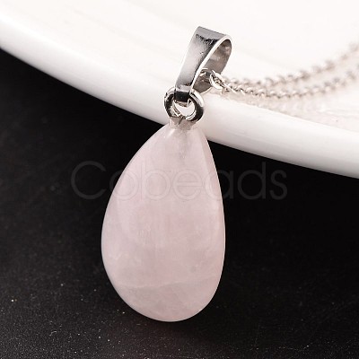 Teardrop Platinum Tone Brass Rose Quartz Pendants G-F267-02H-1