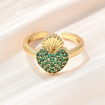 Sacred Heart Brass Micro Pave Cubic Zirconia Cuff Rings for Women RJEW-B117-01G-1