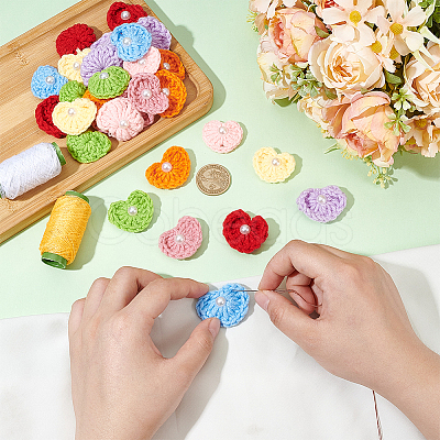 32Pcs 8 Colors Heart Wool Knitting with Plastic Pearl Cabochons DIY-FG0005-57-1