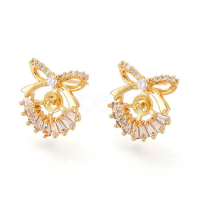 Bowknot Brass Micro Pave Clear Cubic Zirconia Stud Earrings Findings for Half Drilled Beads KK-T071-14G-1