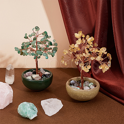 2Pcs 2 Styles Natural Green Aventurine & Yellow Quartz Chips Tree of Life Decorations AJEW-OC0014-06A-1
