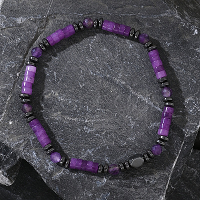 Natural Amethyst & Synthetic Non-magnetic Hematite Beads Stretch Bracelets for Men Women ZE8511-1