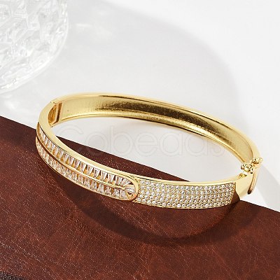 Brass Micro Pave Clear Cubic Zirconia Hinged Bangles for Women BJEW-K274-11G-1