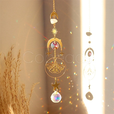 Natural Rose Quartz Brass Moon & Star Hanging Ornaments PW-WG80899-06-1