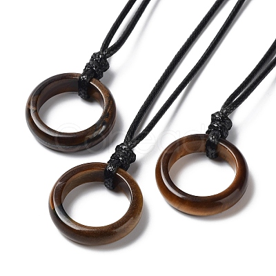 Natural Tiger Eye Ring Pendant Necklace with Waxed Cords NJEW-R262-01B-07-1