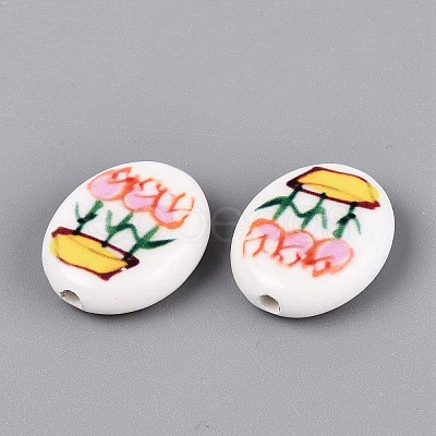 Hand Painted Tulip Flower Oval Porcelain Beads PORC-N012-11C-1