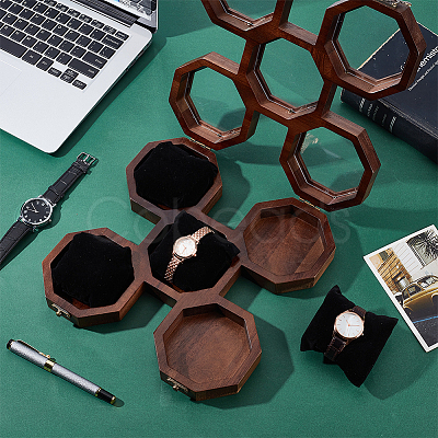 1Pcs 5-Slot Octagonal Acacia Wood Plexiglass Visible Window Watch Organizer Boxes CON-OC0001-72-1