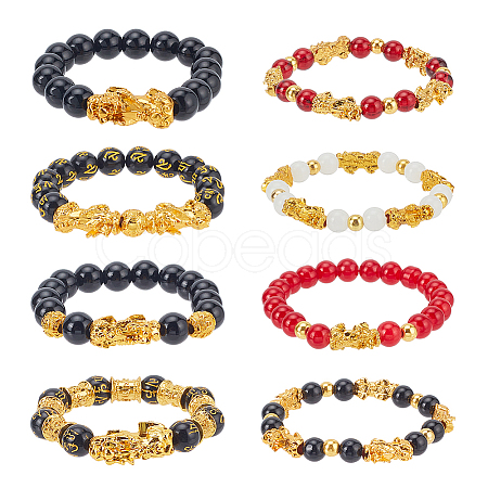 ANATTASOUL 8Pcs 8 Styles Resin Imitation Gemstone & Alloy Pixiu Beaded Stretch Bracelets Set BJEW-AN0001-41-1