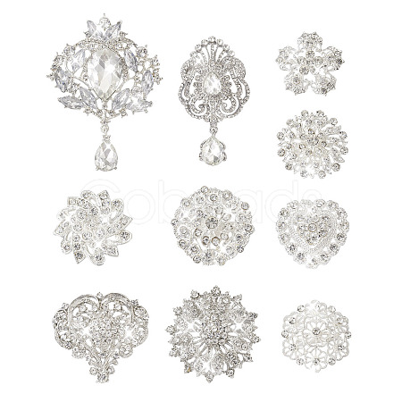 10Pcs 10 Styles Flower & Heart & Teardrop Crystal Rhinestone Brooches Set JEWB-BY0001-04-1