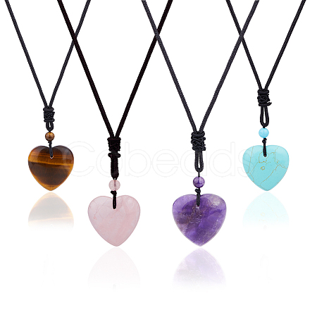 4Pcs 4 Style Heart Natural & Synthetic Mixed Gemstone Pendant Necklace with Nylon Cords NJEW-FI0001-50-1
