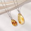Natural Amber Teardrop Pendant 304 Stainless Steel Cable Chain Necklaces NJEW-JN05983-02-1