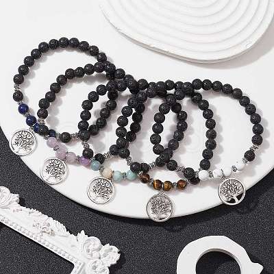 Natural Lava Rock & Mixed Gemstone Round Beaded Stretch Bracelet BJEW-JB09767-1