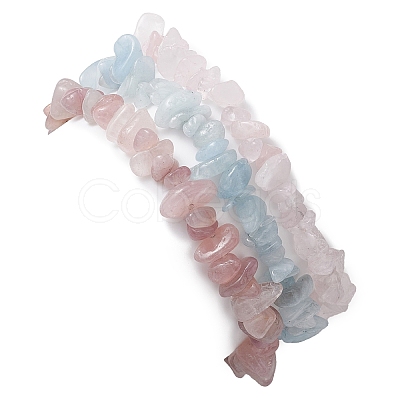 3Pcs 3 Styles Natural Aquamarine & Rose Quartz Chips Stretch Bracelets Sets BJEW-JB11076-06-1